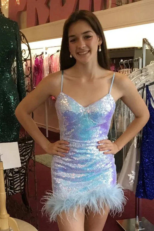 V-Neck Spaghetti Straps Fully Sequins Glitter Homecoming Dress