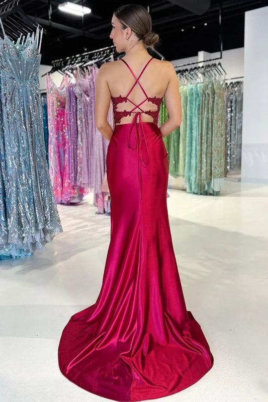 V-Neck Spaghetti Straps Lace Appliques Mermaid Party Prom Dress