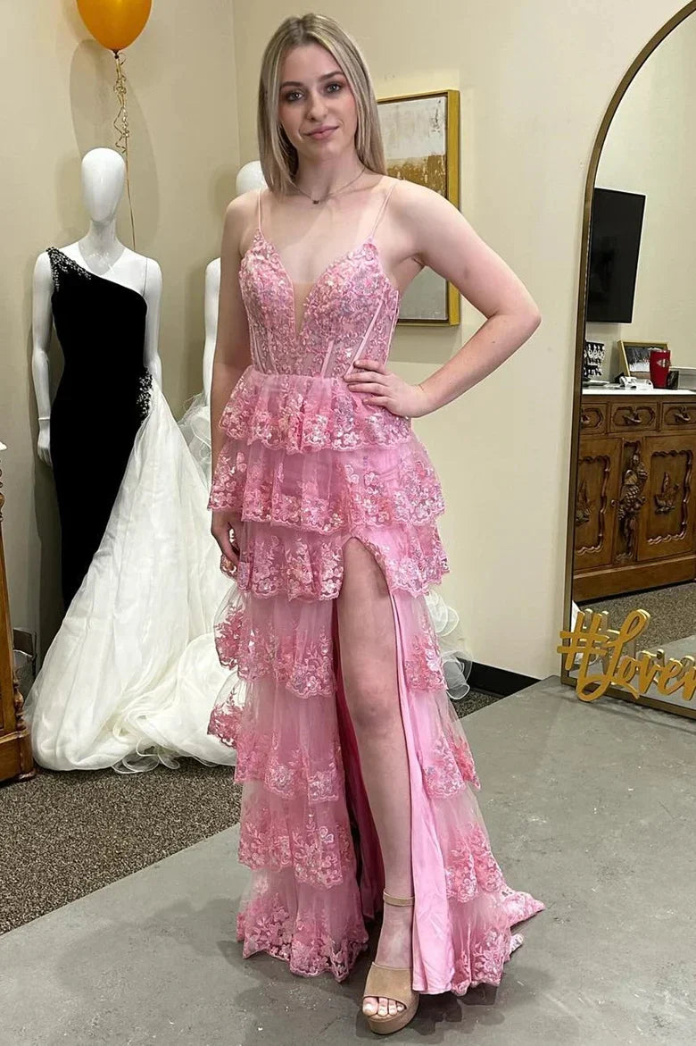 V-Neck Spaghetti Straps Lace Tiered Prom Dress