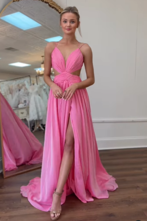 V-Neck Spaghetti Straps Lace Up Chiffon A-Line Party Prom Dress