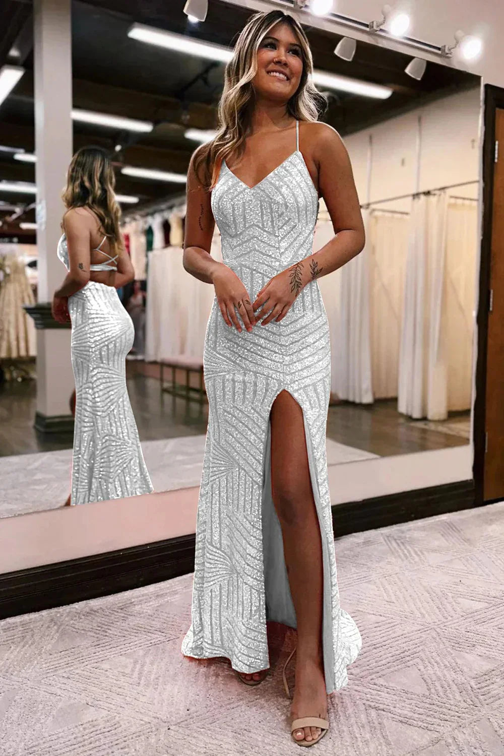 V-Neck Spaghetti Straps Mermaid Sequins Party Prom Dress