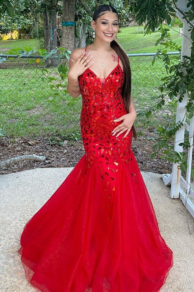 V-Neck Spaghetti Straps Mermaid Tulle Beaded Party Prom Dress