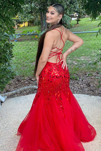 V-Neck Spaghetti Straps Mermaid Tulle Beaded Party Prom Dress