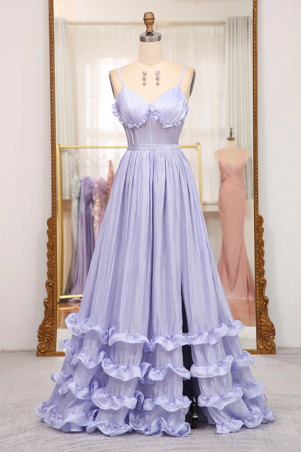 V-Neck Spaghetti Straps Satin A-Line Ruffle Party Prom Dress