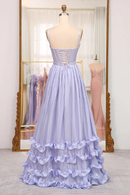 V-Neck Spaghetti Straps Satin A-Line Ruffle Party Prom Dress