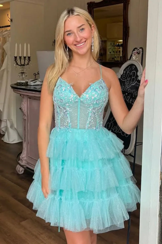 V-Neck Spaghetti Straps Tiered Tulle A-Line Appliques Homecoming Dress