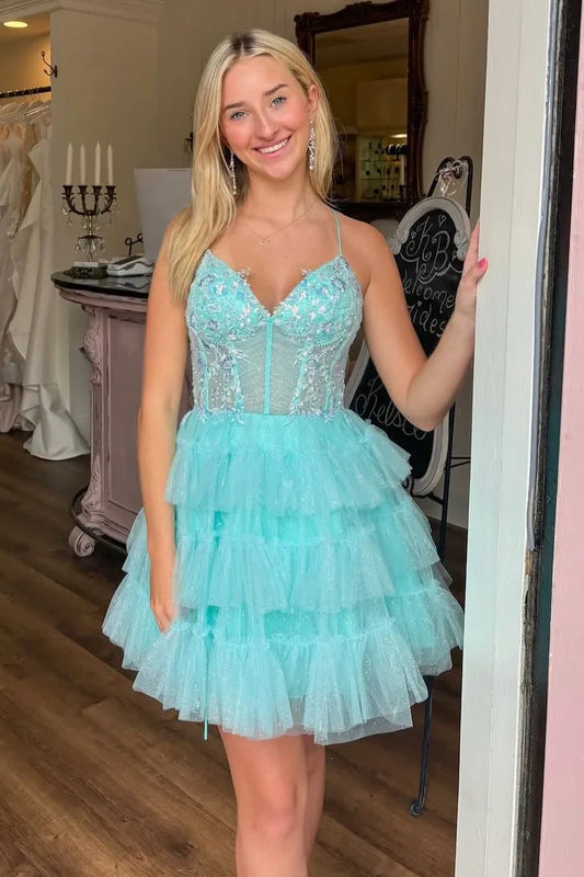 V-Neck Spaghetti Straps Tiered Tulle A-Line Appliques Homecoming Dress