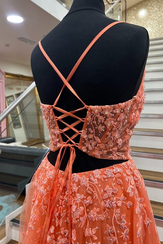 V-Neck Spaghetti Straps Tulle A-Line Appliques Party Prom Dress