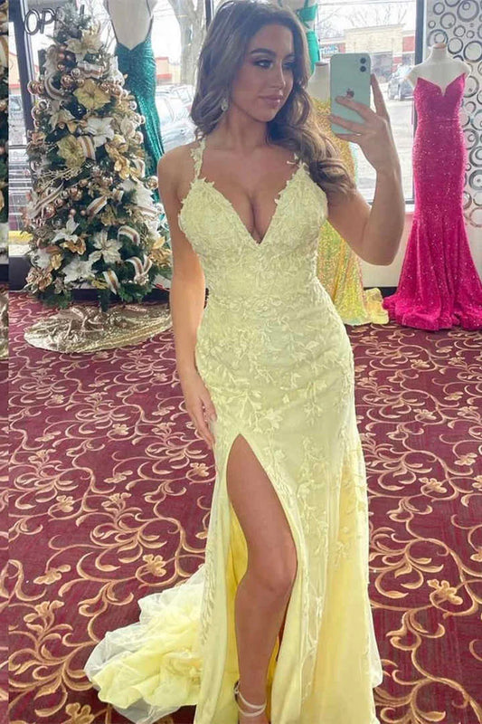 V-Neck Spaghetti Straps With Side Slit Lace Appliques Prom Dress