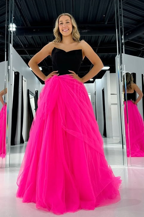V-Neck Strapless Chiffon A-Line Tulle Party Prom Dress