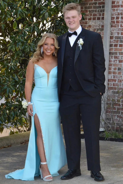 V-Neck Strapless Empire With Side Slit Beaded Prom Dress
