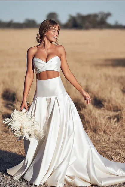 V-Neck Strapless Satin A-Line Illusion Empire Wedding Dress