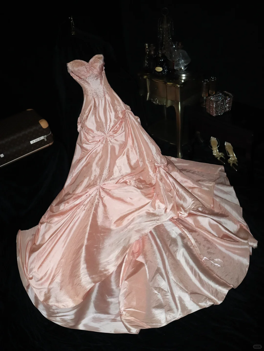 Princess A Line Sweetheart Neck Beaded Pink Satin Prom Dress Evening Dress SH3181