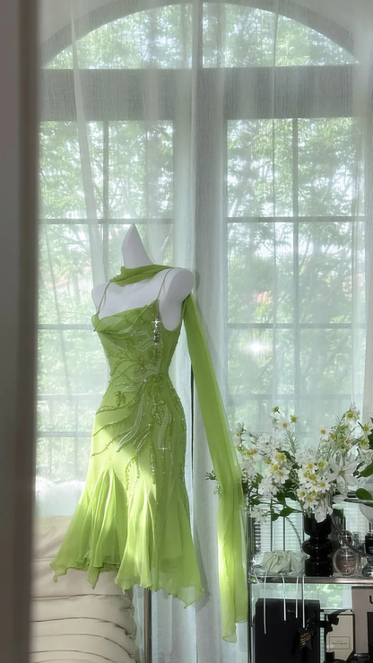 Romantic Green Exquisite Beaded Short Chiffon Homecoming Dress  Evening Dress Birthday Party Dress SH3432