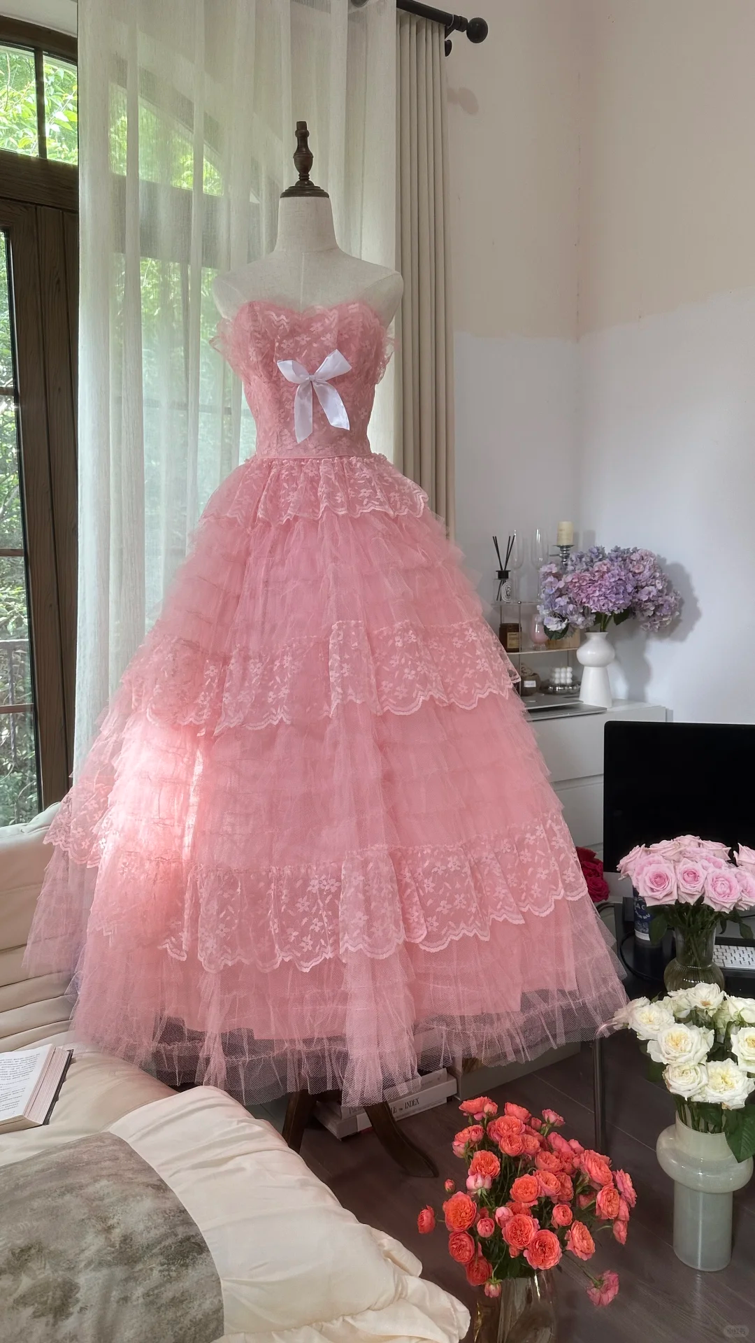 Cute A Line Sweetheart Neck Pink Layered Lace Tulle Long Party Dress Birthday Dress SH2941