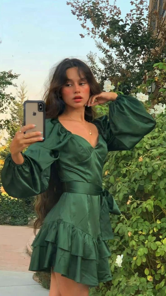 Vintage Green Satin Layered A Line Short Birthday Party Dress Homecoming Dress D778