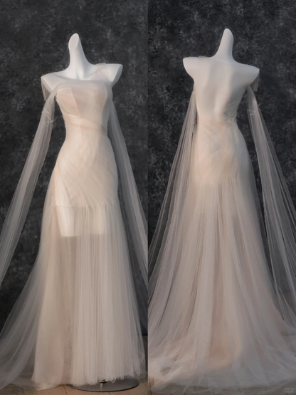 Dreamy Flowy Pleated Dark Ivory Tulle Long Date Dress Evening Dress Prom Dress SH3444