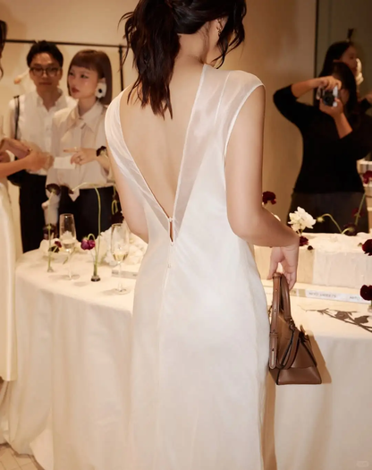 Backless Elegant A Line Spaghetti Strap Chiffon Satin Party Dress Evening Dress SH3352