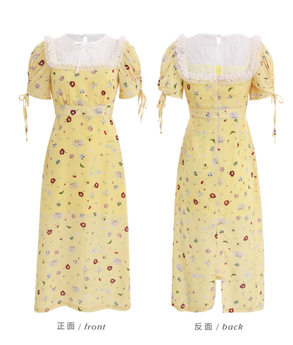 Cute A Line Puff Print Floral Lace Yellow Chiffon Summer Dress Party Dress Outfits SH4175