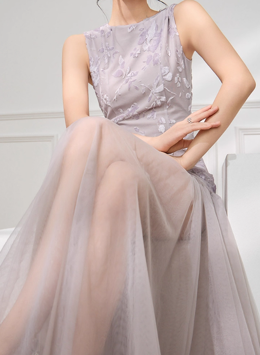 Purple A Line Round Neck Print Floral Tulle Satin Prom Dress Outfits SH4733