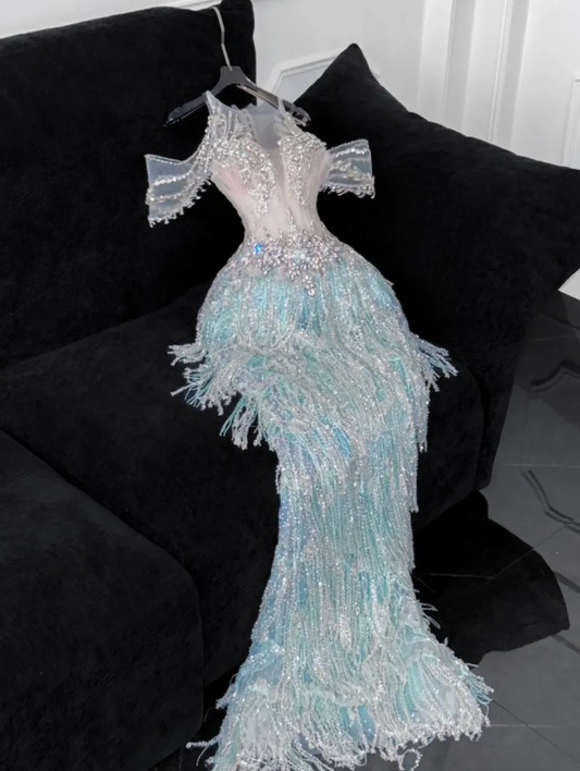 Gorgeous Exquisite Mermaid Beaded Blue Tulle Prom Dress Evening Dress Party Dress SH3618