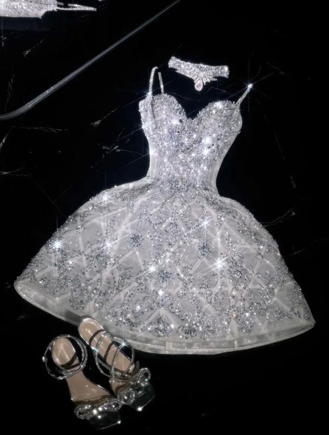 Shiny A Line Spaghetti Strap Rhinestone Tulle Short Prom Dress Graduation Prom Dress SH2464