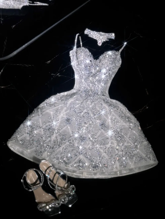 Shiny A Line Spaghetti Strap Rhinestone Tulle Short Prom Dress Graduation Prom Dress SH2464