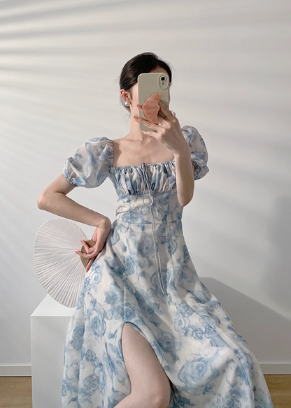 Blue Rose A Line Puff Chiffon Prom Dress Outfits with Slit SH4729