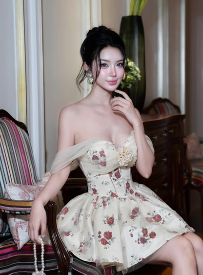 Cute A Line Off the Shoulder Print Floral Satin Tulle Short Homecoming Dress Birthday Dress SH4672