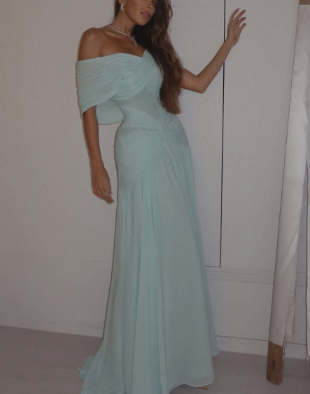 Elegant Off The Shoulder Blue Sequin Chiffon Pleated Mermaid Long Party Gown Evening Dress D1891
