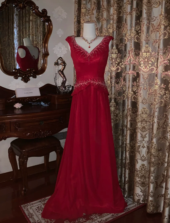 Glitter V Neck Sleeveless Satin Tulle Beaded Mermaid Long Evening Dress Party Gown D1749