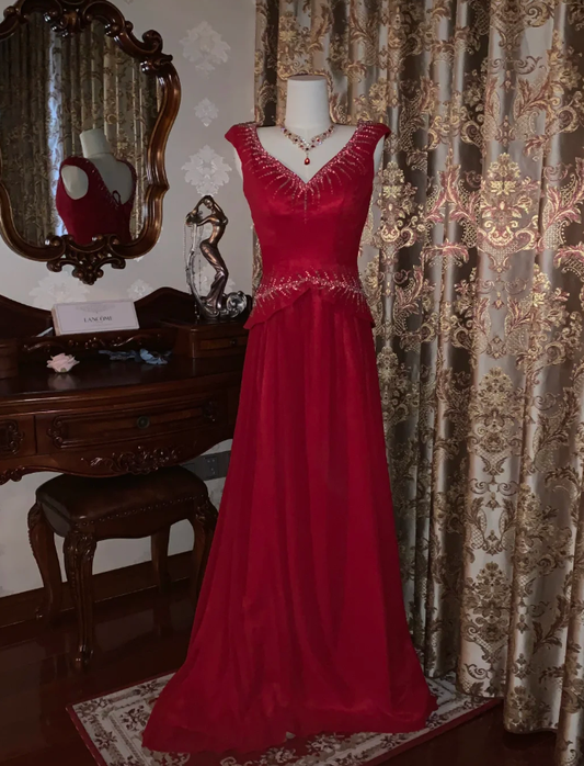 Glitter V Neck Sleeveless Satin Tulle Beaded Mermaid Long Evening Dress Party Gown D1749