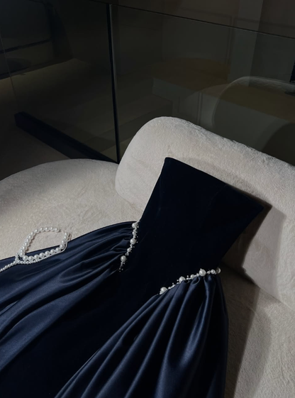 Classy A Line Strapless Pearl Dark Burgundy Velvet Satin Party Dress Wedding Guest Dress SH2923