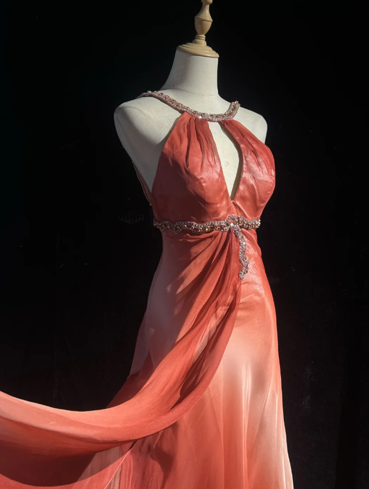Chic Ombre Orange Chiffon Beaded Long Party Dress Evening Gowns D1936