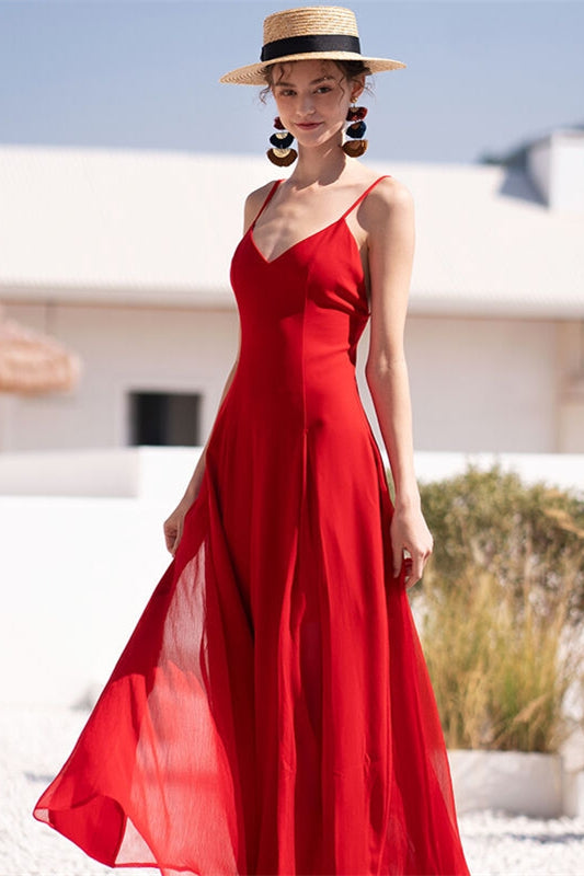 V Neck Red Chiffon Maxi Dress
