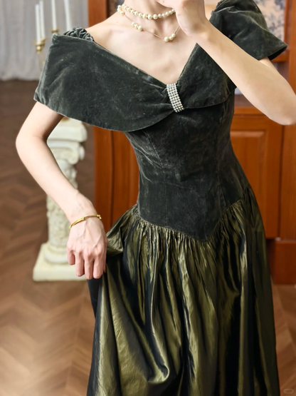 Vintage Olive Green A Line Off the Shoulder Velvet Satin Long Prom Dress SH5173