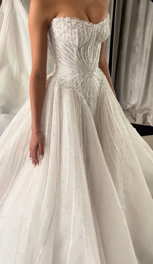 Light Pink Ball Gown Strapless Beaded Sequin Tulle Prom Dress 18th Birthday Dress SH4771