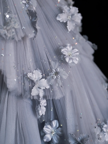 Unique A Line Long Sleeve Flower Tiered Tulle Long Party Dress Evening Dress Ball Gown SH2815