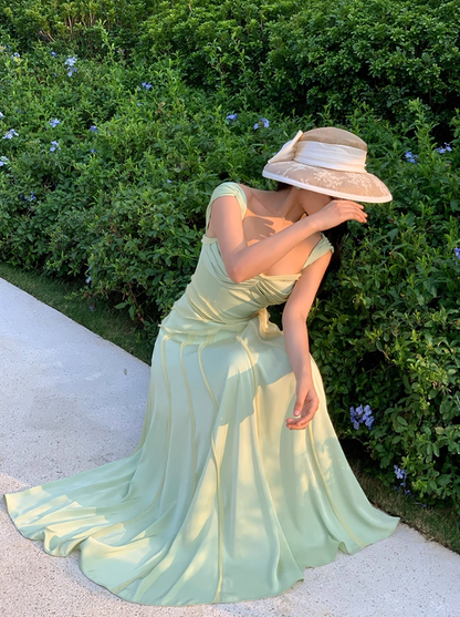 Elegant Green A Line Spaghetti Strap Chiffon Long Prom Dress Party Dress SH4036