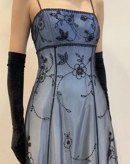 Gorgeous Spaghetti Straps Blue Tulle Beaded Mermaid Eevening Dress Long Birthday Party Gown D1695