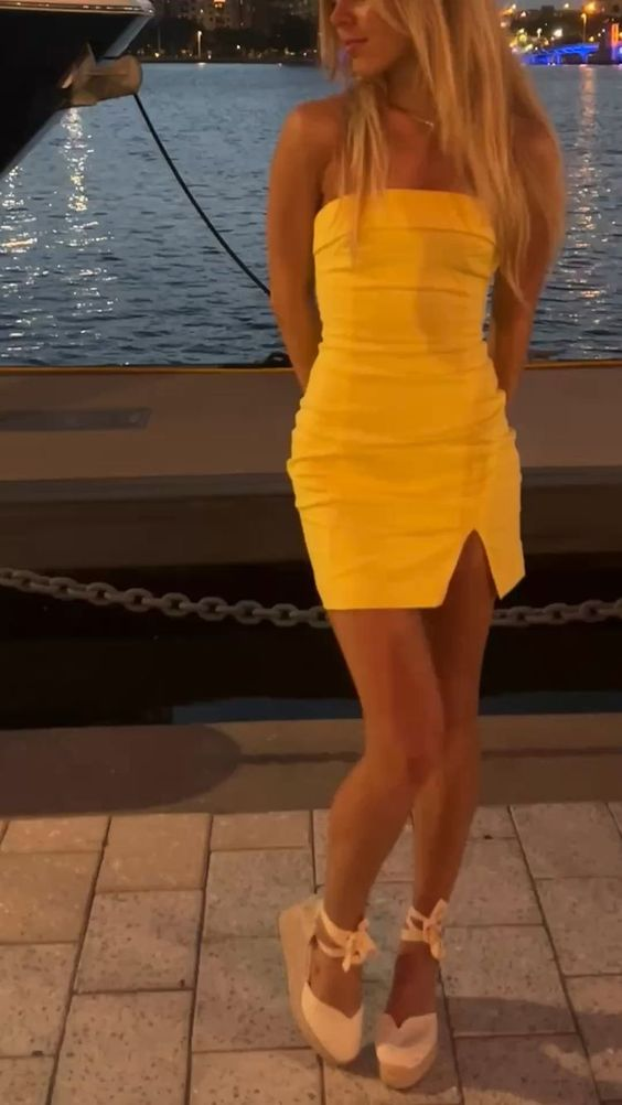 Simple Yellow Tight Satin Homecoming Dress SH1447