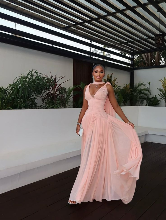 Stylish Pink Chiffon Pleated A Line Long Wedding Guest Dress Evening Dress With Ribbon D1363