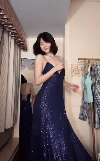 Dark Navy Blue A Line Spaghetti Straps Sequin Prom Dress Party Dress with Slit SH5057
