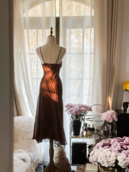 Cute A Line Spaghetti Strap Brown Chiffon Prom Dress Evening Dress SH2985