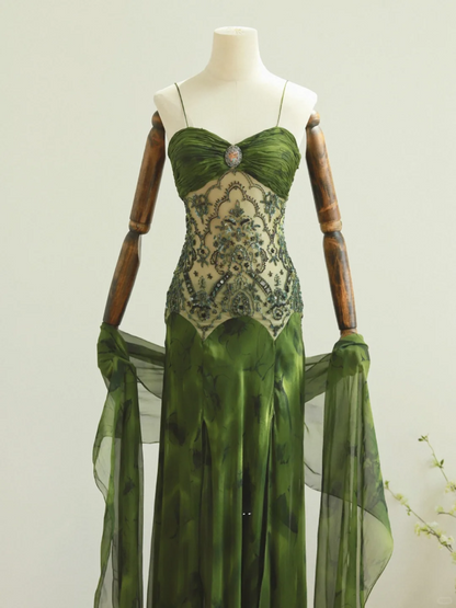 Green A Line Spaghetti Strap Beaded Chiffon Prom Dress 18th Birthday Dress SH3898