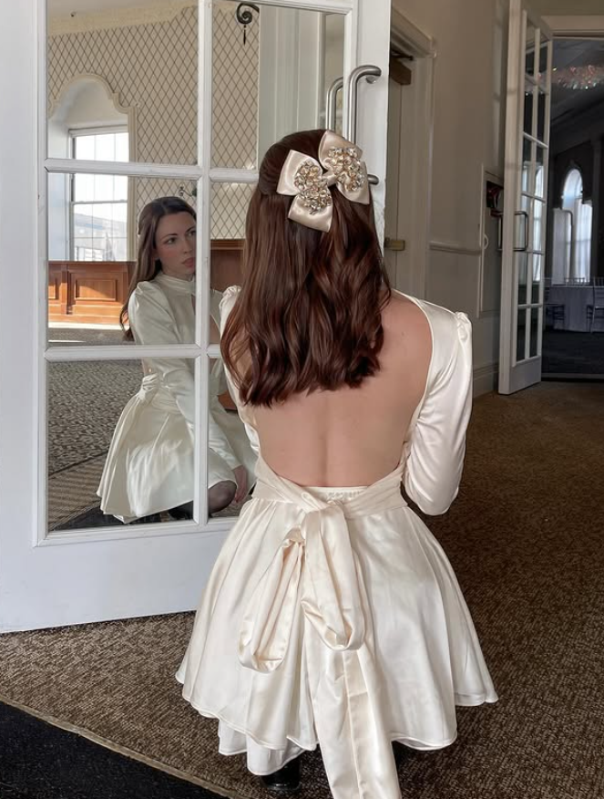 Sexy A Line Long Sleeve V Neck Ivory Satin Open Back Homecoming Dress Birthday Dress SH4870