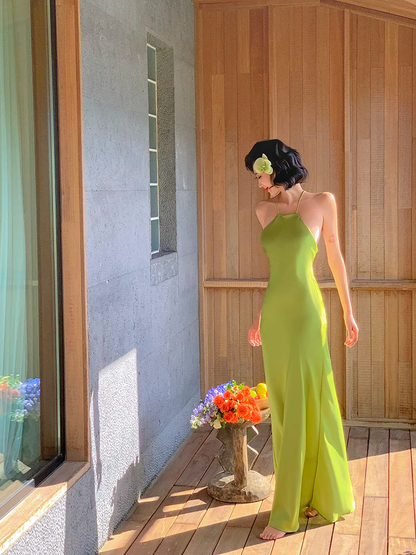 Simple Green Mermaid Straps Satin Open Back Long Prom Dress Vacation Dress SH4319