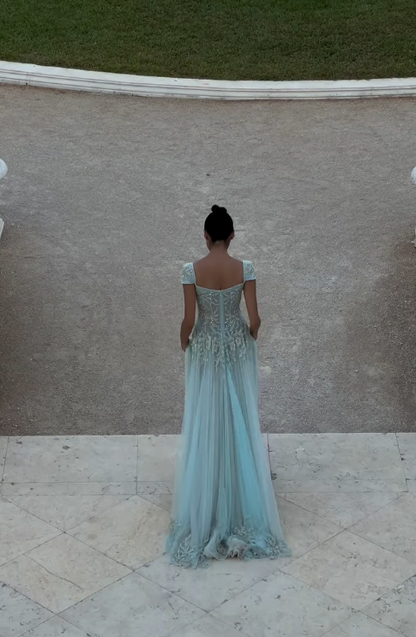 Baby Blue A Line Exquisite Beaded Tulle Prom Dress Wedding Guest Dress SH4723