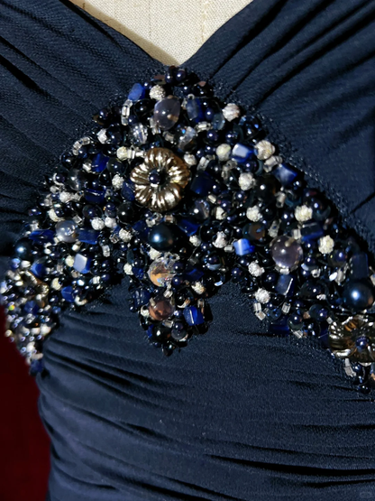Retro Navy Blue A Line Spaghetti Strap Beaded Appliques Satin Prom Dress Evening Dress SH3332