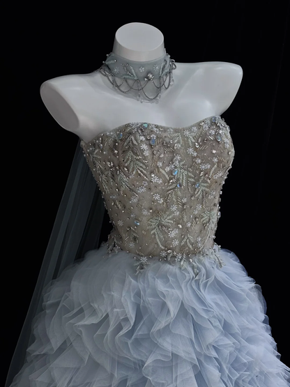 Elegant A Line Sweetheart Neck Beaded Blue Tulle Long Prom Dress Evening Dress SH5006